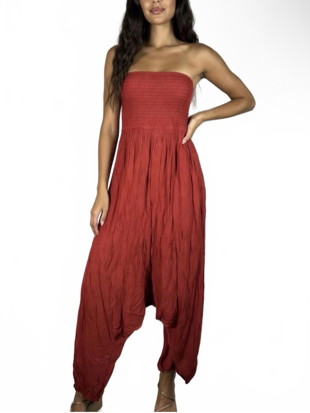 HALARA Rust Red Strapless Smocked Jumpsuit